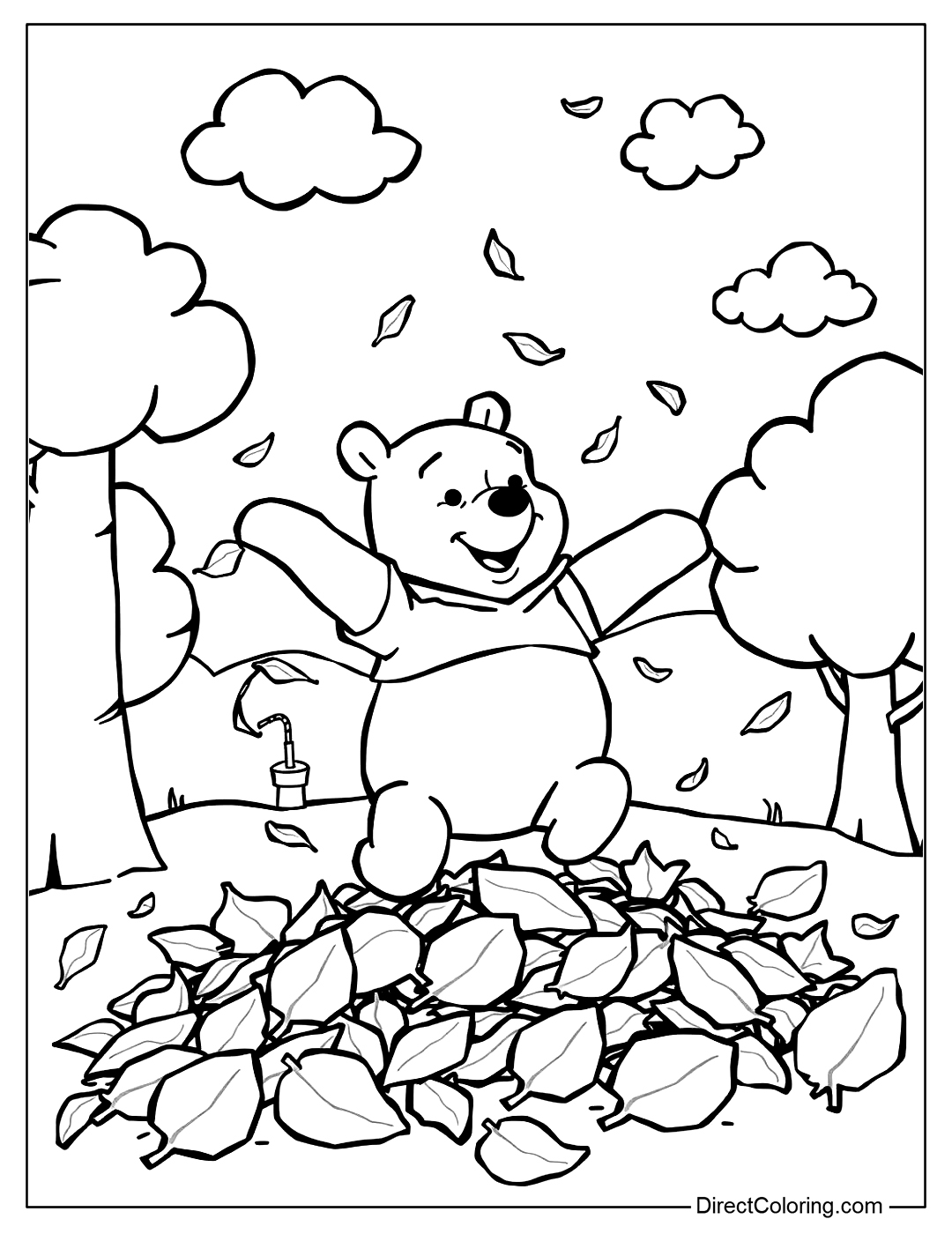 Winnie The Pooh with Fall Leaves Coloring For Free